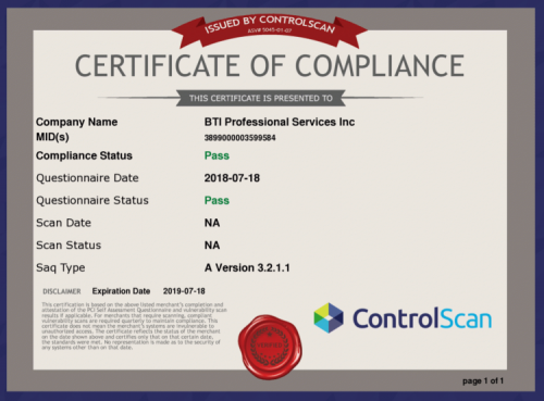 ControlScan Certificate of Compliance
